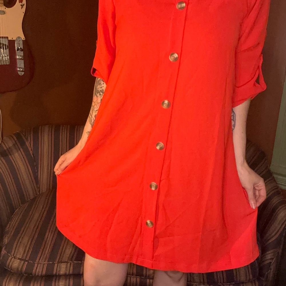 Red button front shirt dress